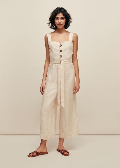 WHISTLES HADLEY LINEN JUMPSUIT STONE ~ summer jumpsuits - flipped