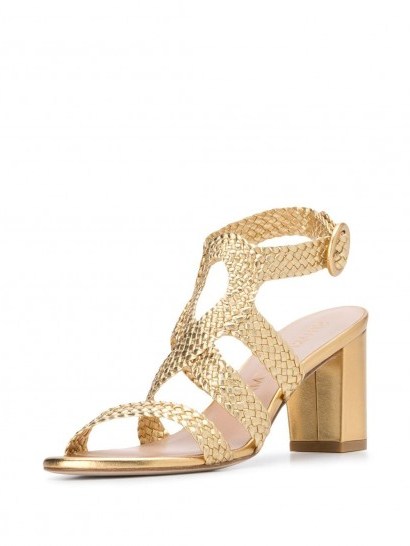 Stuart Weitzman Vicky metallic sandals. GOLD-LEATHER WOVEN LOOK SANDAL - flipped