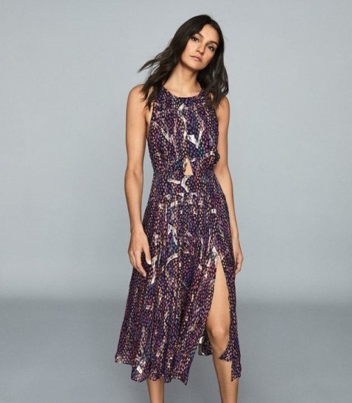 REISS TAMMY LAMÉ PRINTED CHIFFON DRESS NAVY PRINT ~ cut-out fit and flare ~ double slit summer event dresses - flipped