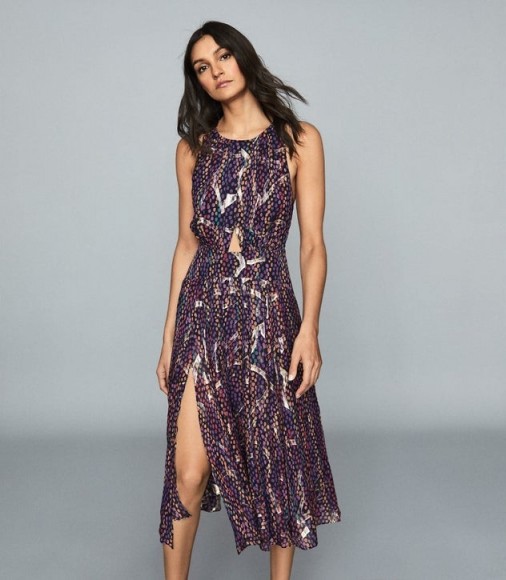 REISS TAMMY LAMÉ PRINTED CHIFFON DRESS NAVY PRINT ~ cut-out fit and flare ~ double slit summer event dresses