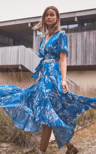 Alexis Tarou Printed Plisse Skirt ~ blue floral high-low skirts