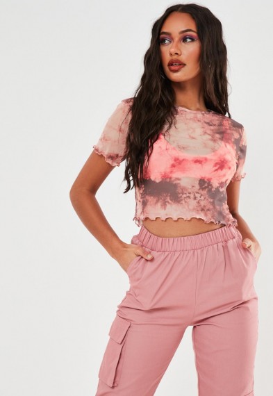 MISSGUIDED taupe tie dye mesh crop top