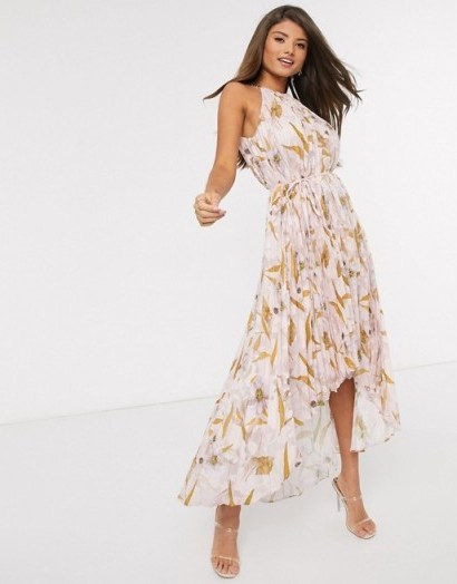 Ted Baker dixxie pleated floral midi dress in light pink / high-low summer event dresses - flipped