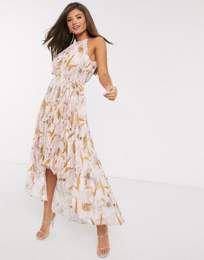 Ted Baker dixxie pleated floral midi dress in light pink / high-low summer event dresses
