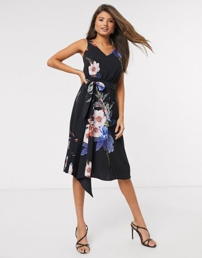 Ted Baker trinni floral bodycon midi dress in black / tie waist occasion frock - flipped