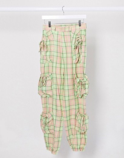 The Ragged Priest relaxed joggers with pockets in pastel pink and green check - flipped