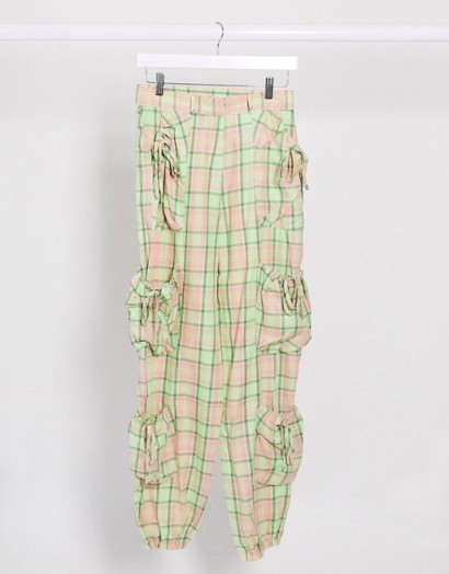 The Ragged Priest relaxed joggers with pockets in pastel pink and green check