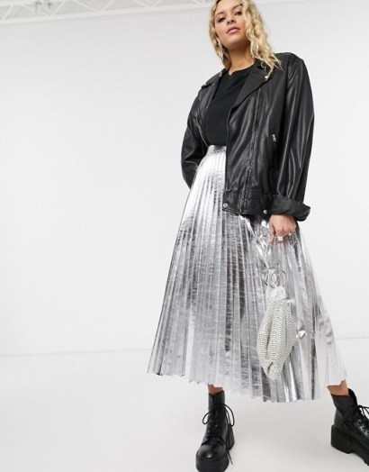 Topshop faux leather pleated midi skirt in silver | metallic fashion - flipped