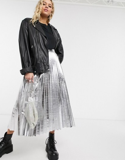 Topshop faux leather pleated midi skirt in silver | metallic fashion