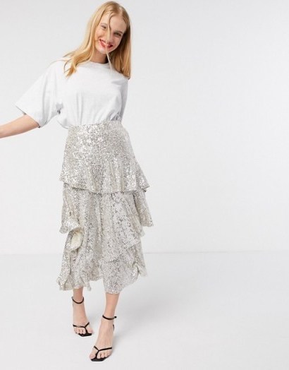 Topshop sequin midi skirt in silver / sequinned tiered skirts - flipped