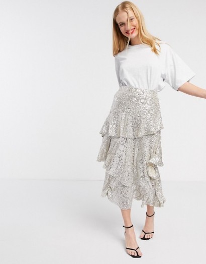 Topshop sequin midi skirt in silver / sequinned tiered skirts