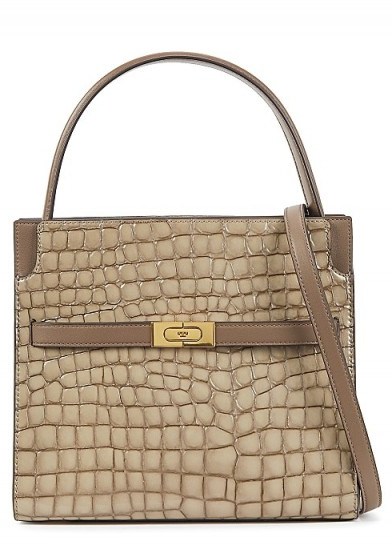 TORY BURCH Lee Radziwill Small Double taupe leather top handle bag / croc embossed handbag - flipped