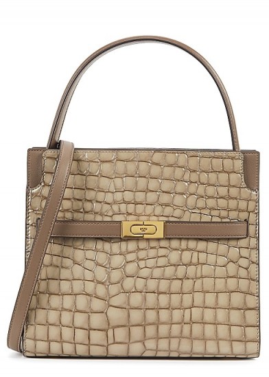 TORY BURCH Lee Radziwill Small Double taupe leather top handle bag / croc embossed handbag