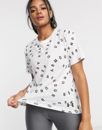 Under Armour Training printed short sleeve tee in white / logo print sports tee