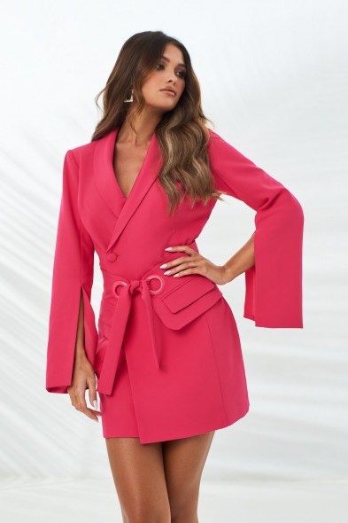 LAVISH ALICE utility eyelet belt tailored dress in bright pink – blazer dresses - flipped