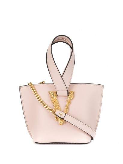 Versace Virtus logo plaque bucket bag in light pink / small luxe handbag