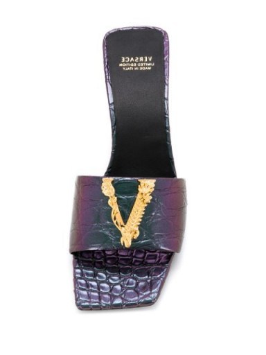 Versace Virtus purple croc embossed mules - flipped