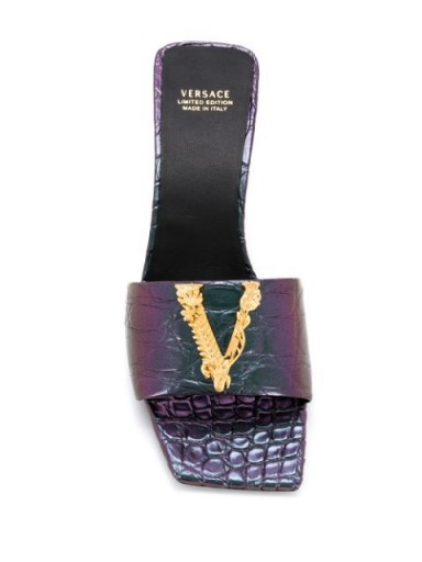 Versace Virtus purple croc embossed mules