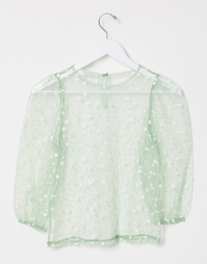 Vila sheer organza top with puff sleeves in green – spot print tops - flipped