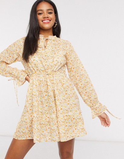 Wednesday’s Girl mini smock dress with tie front in vintage yellow floral