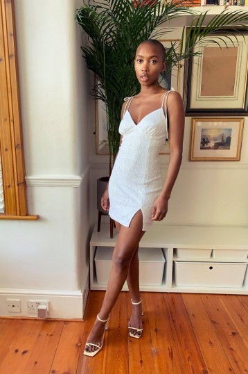 TOPSHOP White Ruched Plunge Dress – shimmering cami dresses