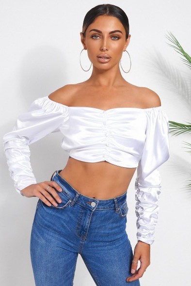 THE FASHION BIBLE WHITE SATIN CROP TOP – ruched bardot tops - flipped