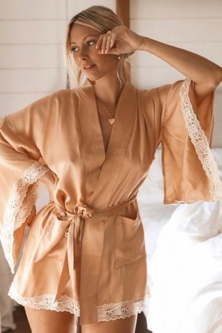 SPELL and the GYPSY COLLECTIVE WILD LOVE SILK SHORT ROBE Peach | lace trimmed robes - flipped