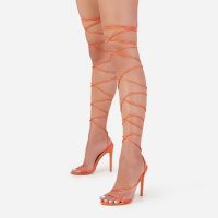 EGO Wink-Wink Lace Up Heel In Orange Faux Leather – strappy barely there sandals