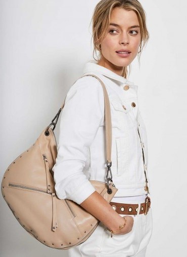 MINT VELVET Winnie Camel Stud Shoulder Bag | luxury look studded handbag - flipped
