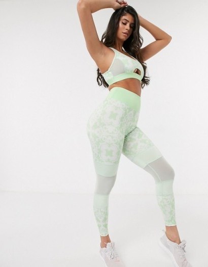 Wolf & Whistle Eco set with bra and leggings in green geometric print - flipped