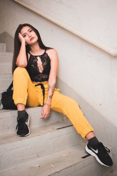 Yellow jogging pants and black lace top – urban style