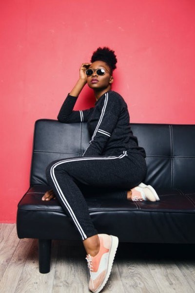 Dark navy track suit, sunglasses and peach trainers – ultimate style - flipped