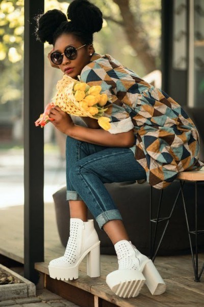 White, green and yellow geometric sleeved shirt with blue denim jeans and white block heeled booties - flipped