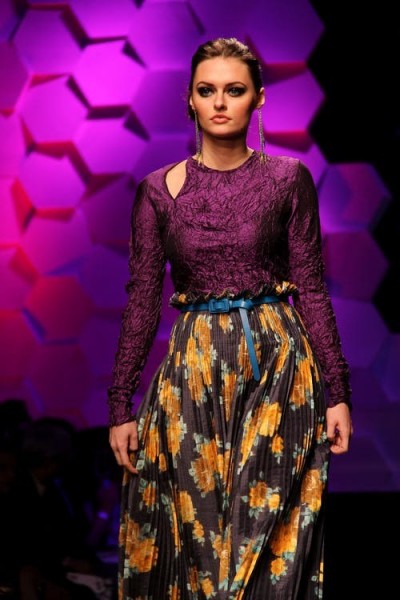 Purple, Yellow, and Black Floral Long-sleeved Dress