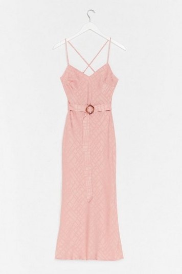 NASTY GAL Workin’ Jacquard Satin Belted Midi Dress in Pink – strappy back dresses - flipped