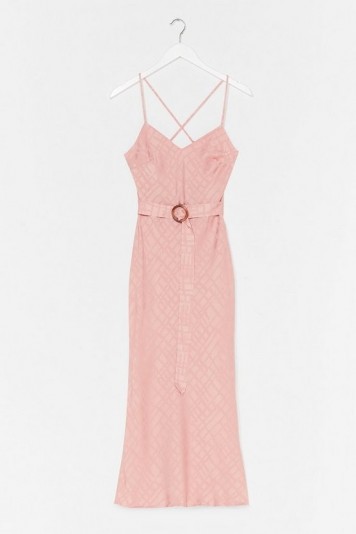 NASTY GAL Workin’ Jacquard Satin Belted Midi Dress in Pink – strappy back dresses