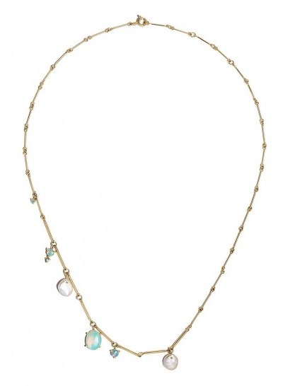 WWAKE 14kt yellow gold bar chain pearl, opal and sapphire necklace / gemstone charm necklaces - flipped
