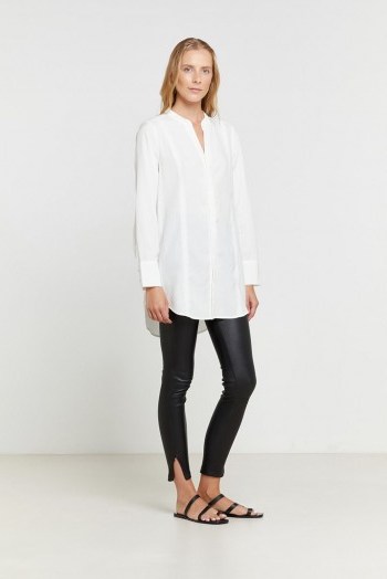 WYNNE SHIRT – Elka Collective – Crafted in a floaty linen lyocell blend – Feature seam detailing – Collarless neckline – Long-line silhouette with round hemline – Traditional shirt cuff - flipped