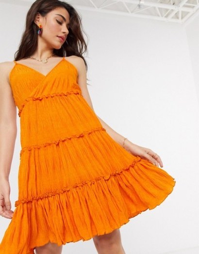 Y.A.S crinkle mini dress with tiered skirt in orange - flipped