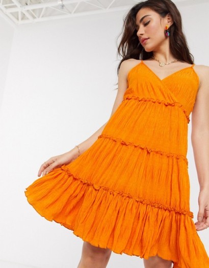 Y.A.S crinkle mini dress with tiered skirt in orange