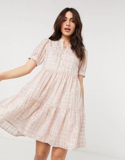 Y.A.S smock mini dress in metallic pink check - flipped