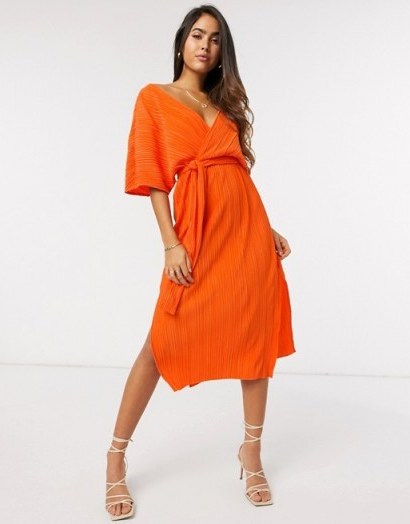 Y.A.S wrap midi dress with kimono sleeve in orange plisse - flipped