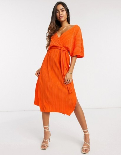 Y.A.S wrap midi dress with kimono sleeve in orange plisse