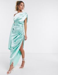 Yaura one shoulder draped satin maxi dress in neo mint / shiny green ruched gown