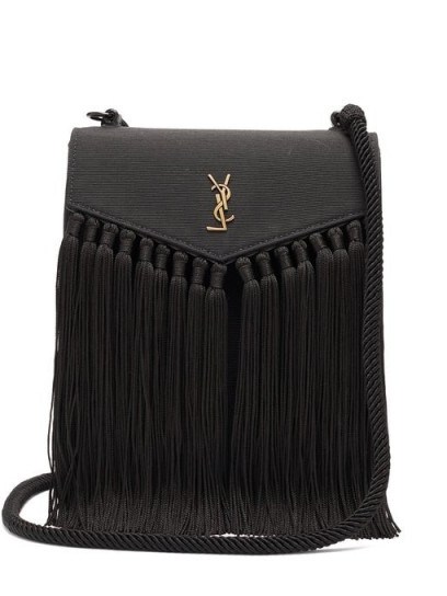 SAINT LAURENT YSL-plaque tasselled leather satchel ~ black fringed handbags - flipped