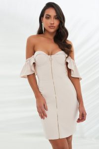 LAVISH ALICE zip front off shoulder frill sleeve mini dress in stone – luxury evening look