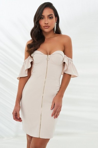 LAVISH ALICE zip front off shoulder frill sleeve mini dress in stone – luxury evening look - flipped