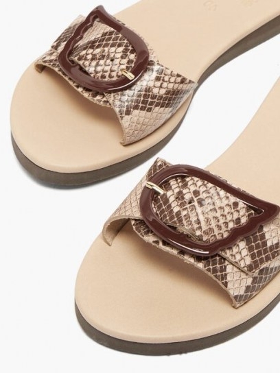 ANCIENT GREEK SANDALS Aglaia wing-buckle python effect-leather slides ~ beige and brown buckle detail flats