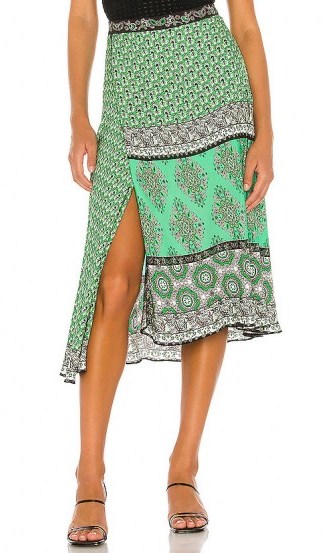 Alice + Olivia Nanette Mock Wrap Midi Skirt Boho Romance & Jade Multi | green mixed prints - flipped