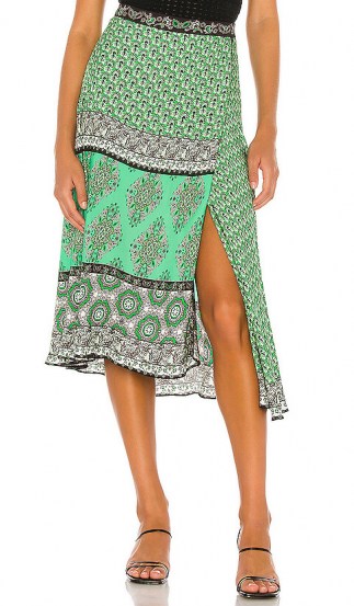 Alice + Olivia Nanette Mock Wrap Midi Skirt Boho Romance & Jade Multi | green mixed prints